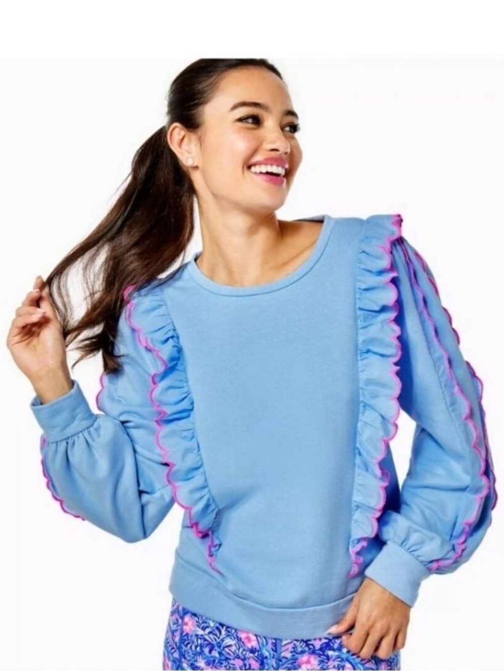 Lilly Pulitzer Light Blue Sweatshirt with Pink Ruffle Trim size M
